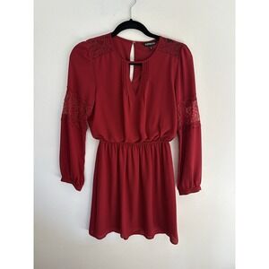 Express Womens Lace Inset Pleated V-Neck Mini Dress Burgundy Red Long Sleeve XS